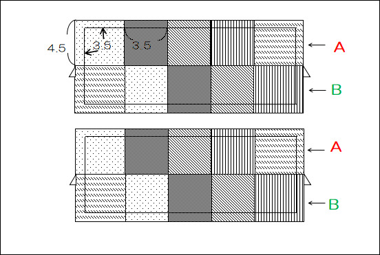 ハンドメイド巾着パッチワーク布２組ずつ縫い合わせた図解