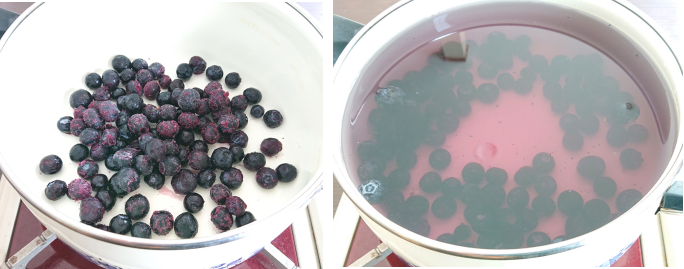 草木染めブルーベリーを鍋に入れ水を加えた写真