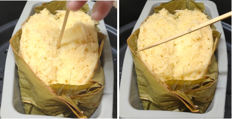 蒸したケーキの生地に竹串を刺している写真